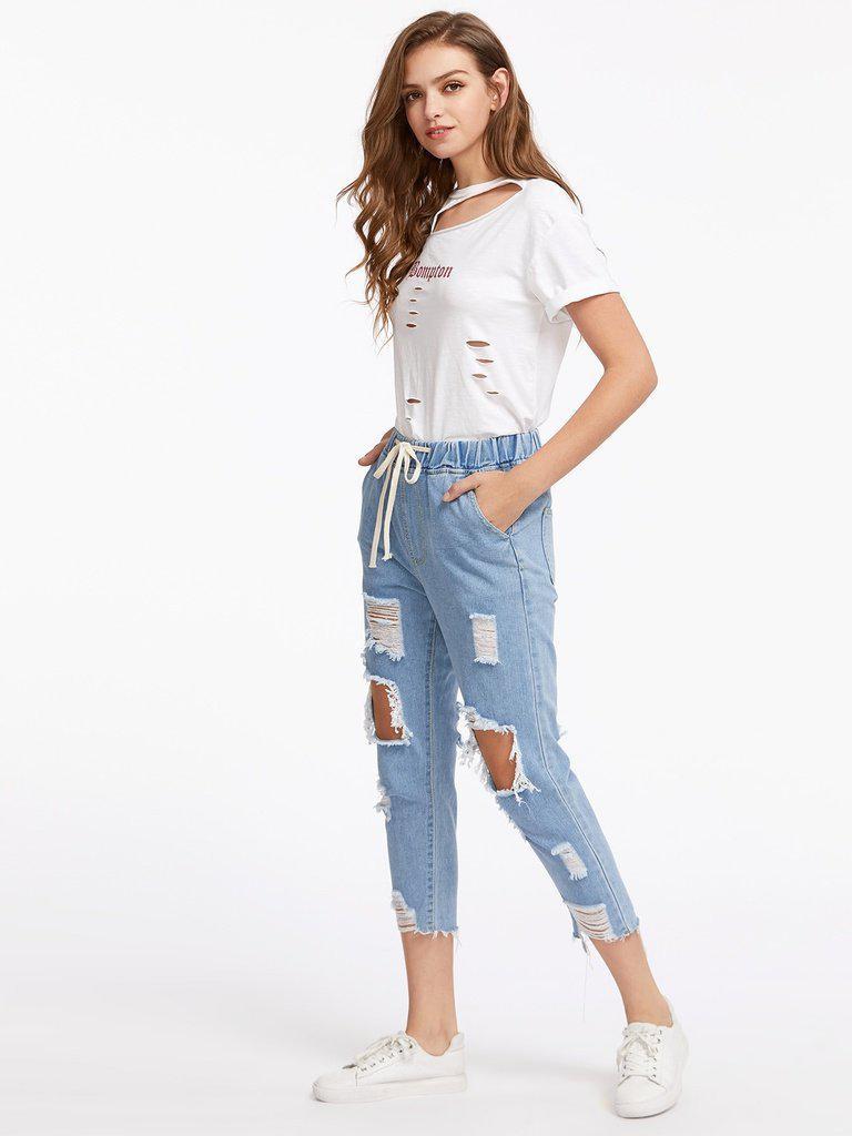 Destroyed Raw Hem Drawstring Waist Crop Jeans-bottom-Des Mess