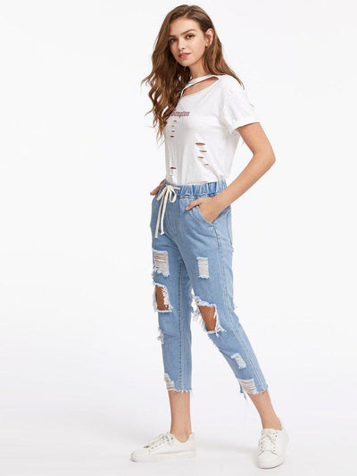 Destroyed Raw Hem Drawstring Waist Crop Jeans-bottom-Des Mess