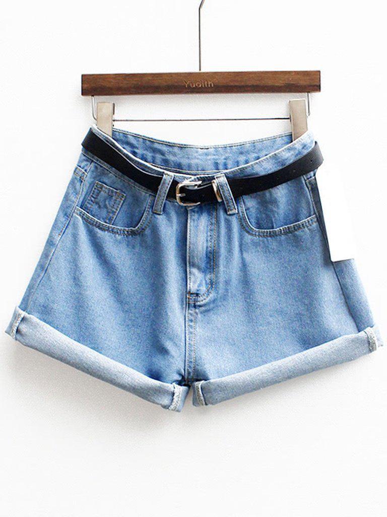 Cuffed Denim Shorts With Belt-bottom-Des Mess