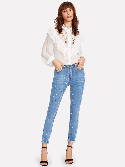 Pearl Beaded Frayed Hem Jeans-bottom-Des Mess