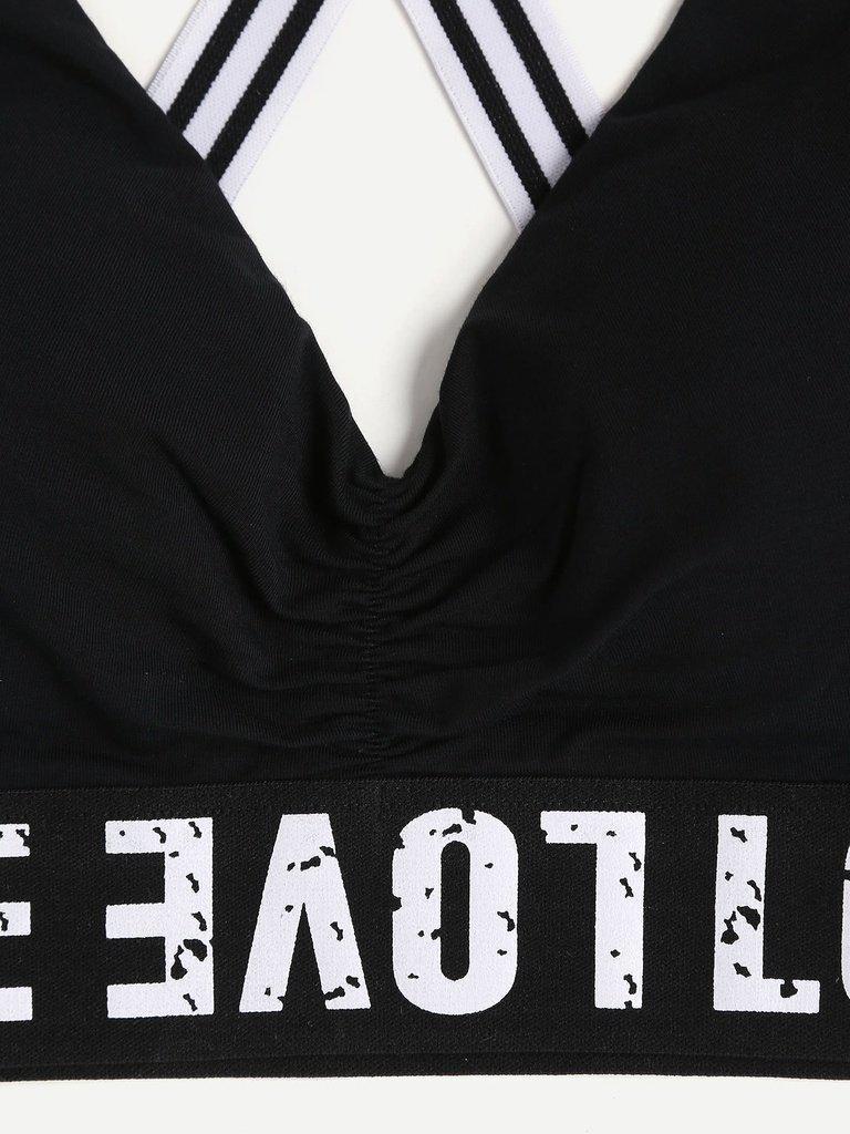 Print Wide Band Lace Trim Crisscross Sports Bra-sportswear-Des Mess