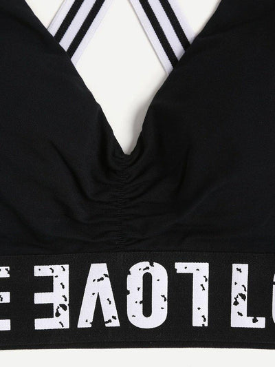 Print Wide Band Lace Trim Crisscross Sports Bra-sportswear-Des Mess