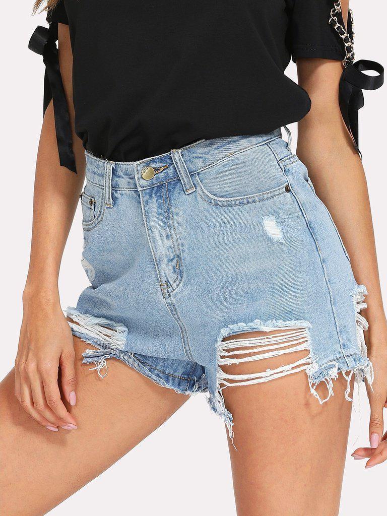 Raw Hem Destroyed Denim Shorts-bottom-Des Mess