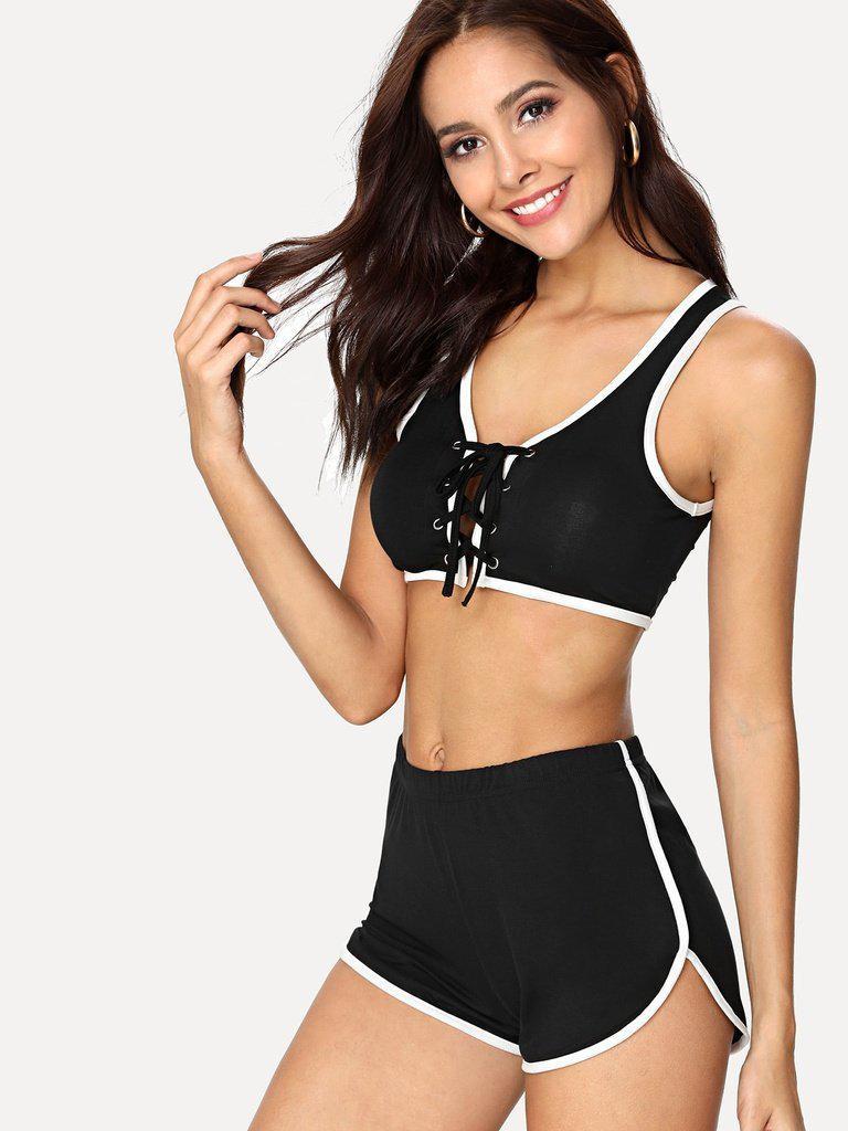Contrast Binding Lace Up Sport Bra & Dolphin Hem Shorts Set-sportswear-Des Mess