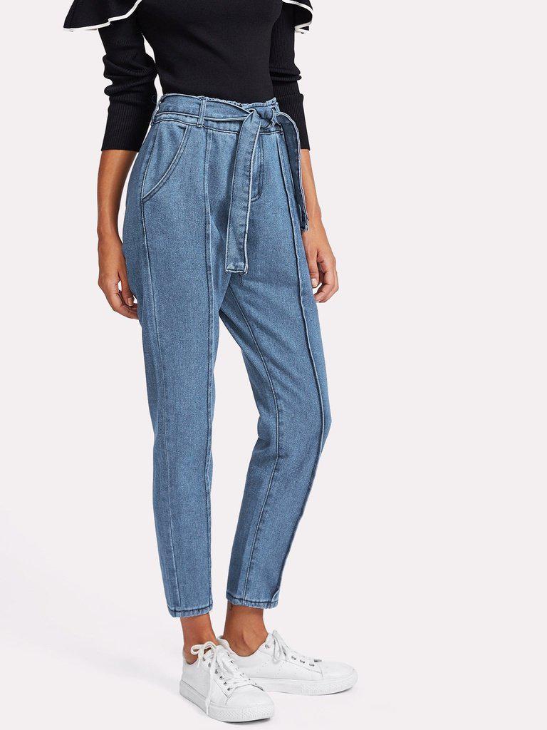 Seam Detail Self Tie Jeans-bottom-Des Mess