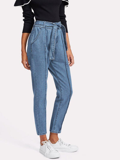 Seam Detail Self Tie Jeans-bottom-Des Mess