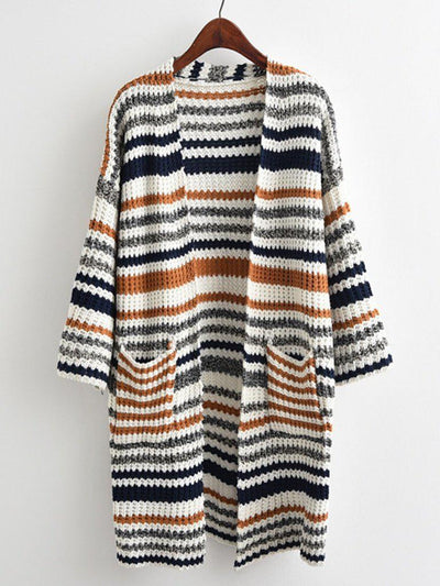 Striped Textured Knit Longline Cardigan Sweater-outerwear-Des Mess