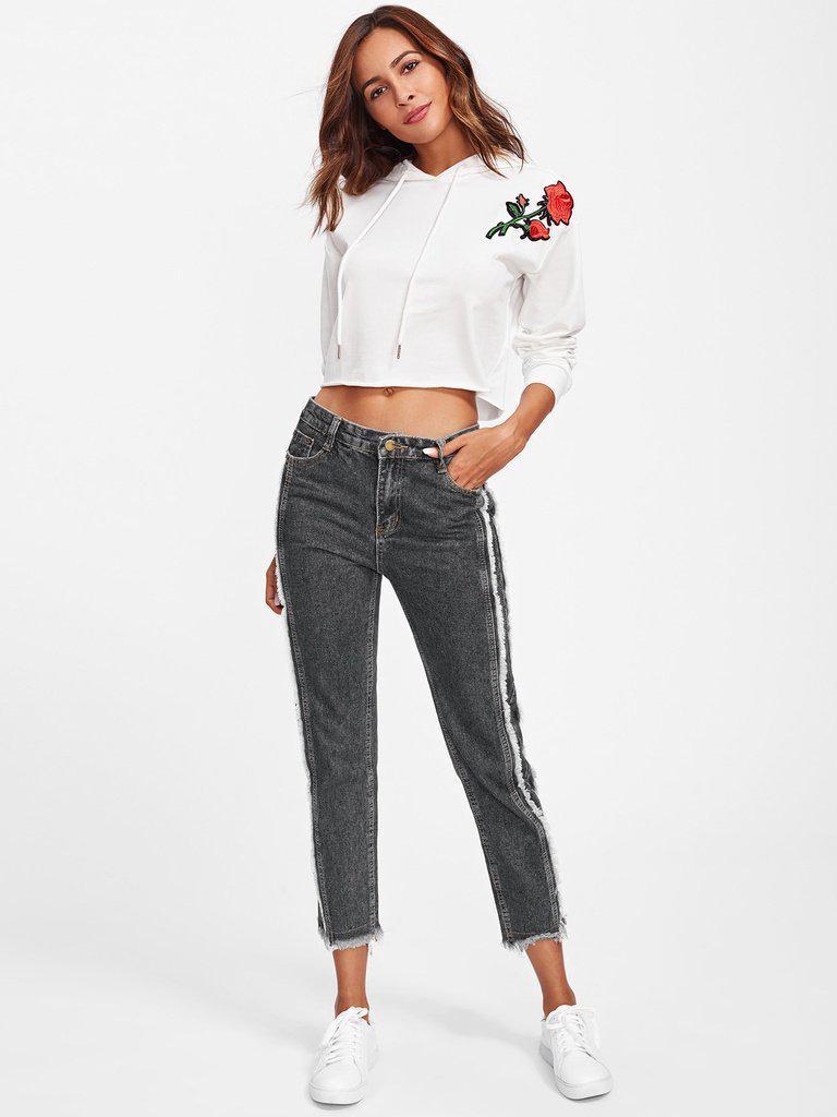 Frayed Trim Tapered Jeans-bottom-Des Mess