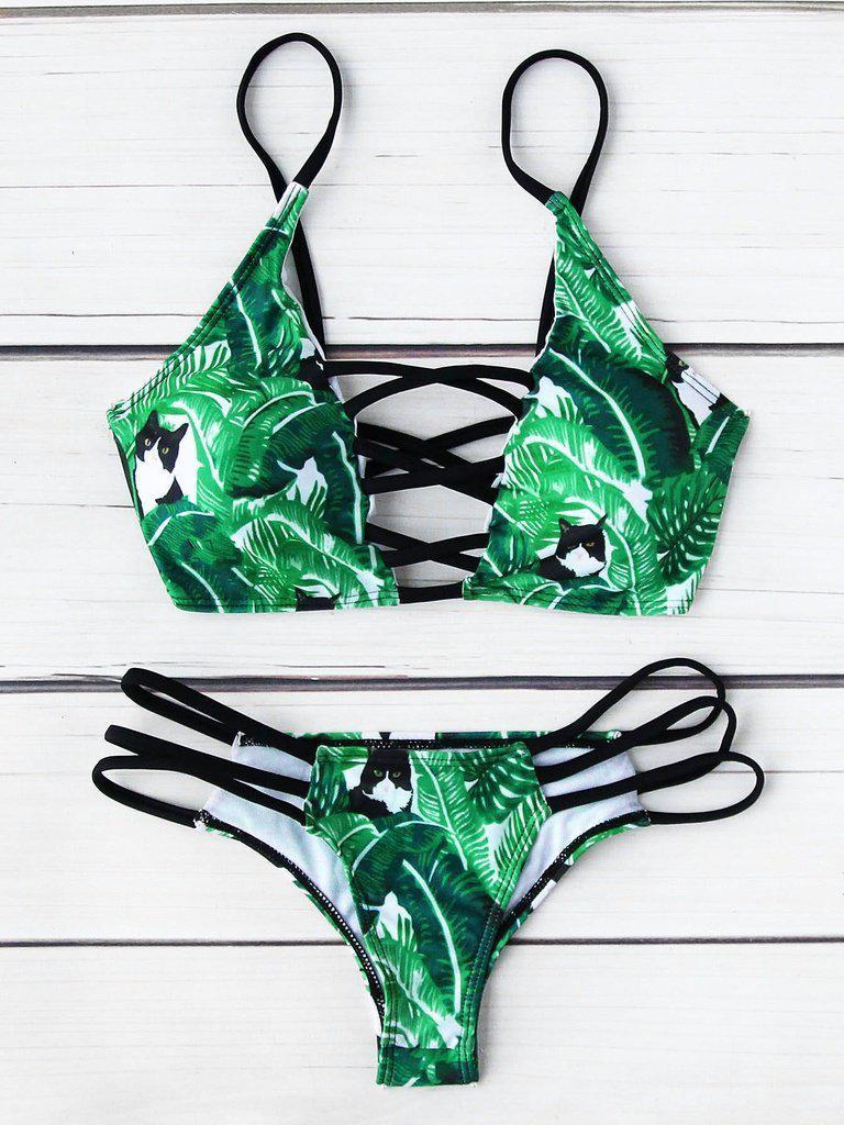 Leaf Print Criss Cross Bikini Set-swimwear-Des Mess