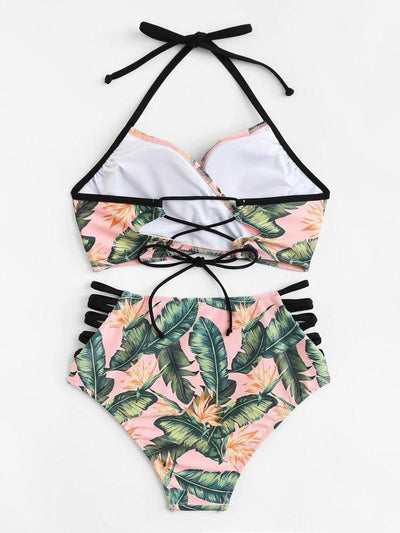 Cut Out Side Lace Up Back Bikini Set-swimwear-Des Mess