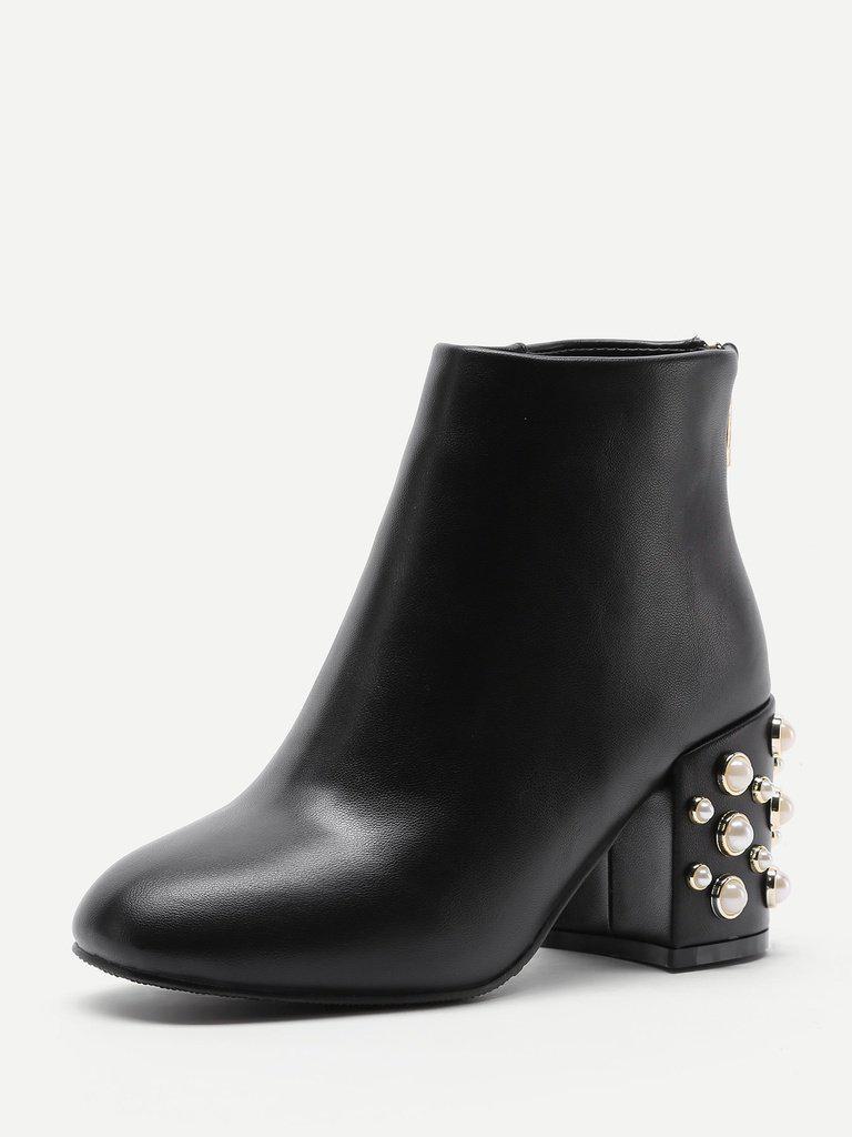 Faux Pearl Back Zipper PU Ankle Boots-shoes-Des Mess