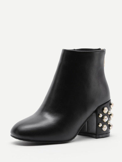 Faux Pearl Back Zipper PU Ankle Boots-shoes-Des Mess