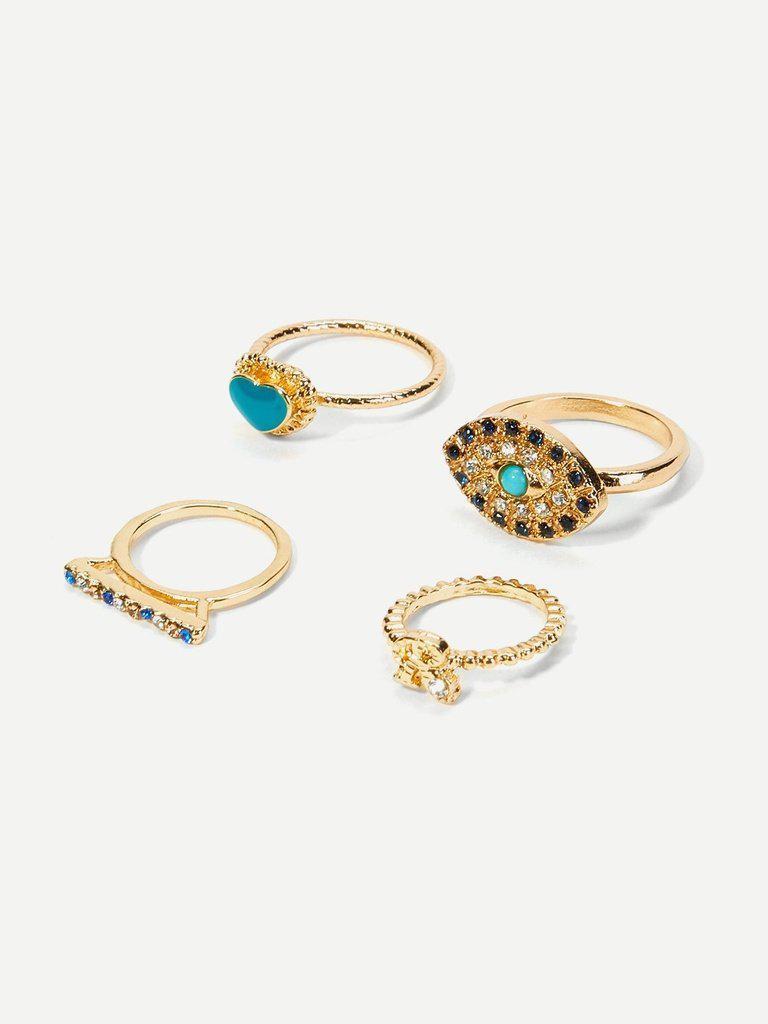 Heart & Eyes Design Rhinestone Rings Set 5pcs-jewelry-Des Mess