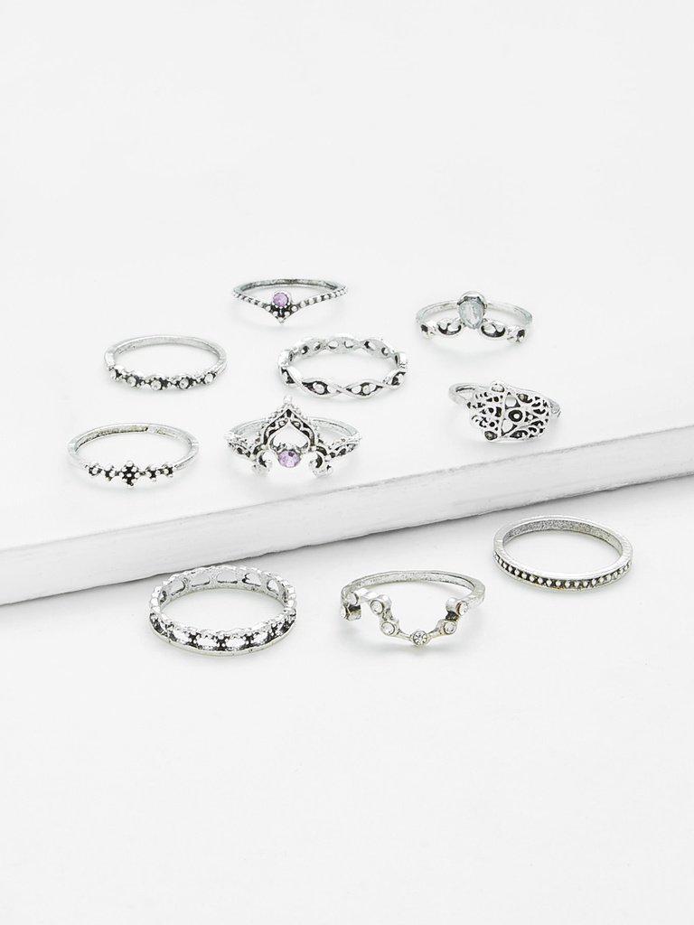 Crown & Hollow Design Ring Set 10Pcs-jewelry-Des Mess