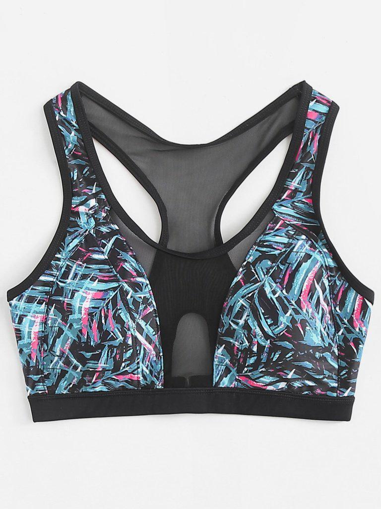 Mesh Insert Jungle Print Sports Bra-sportswear-Des Mess