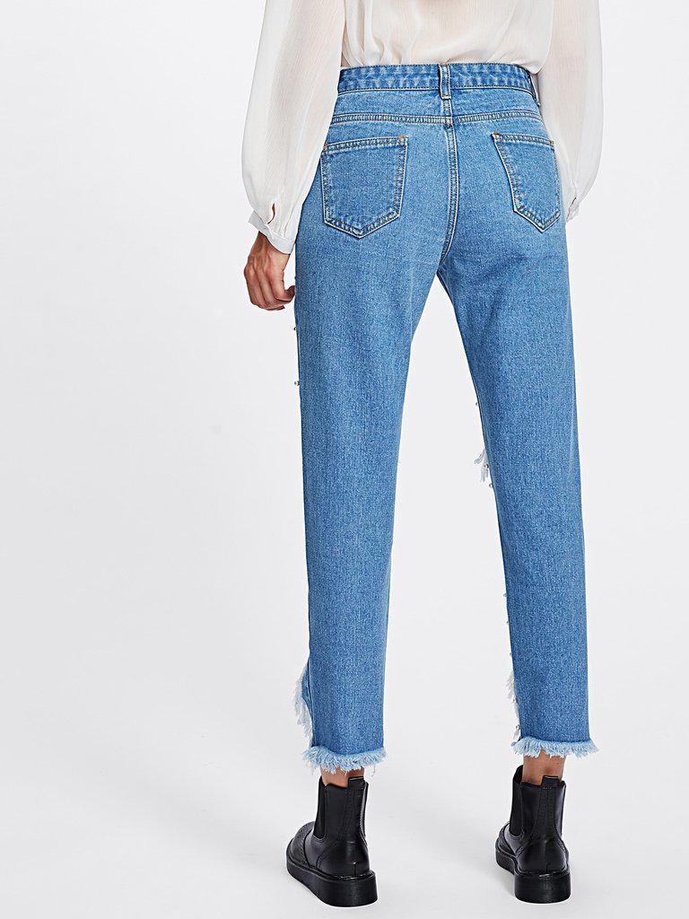 Pearl Beading Destroyed Jeans-bottom-Des Mess