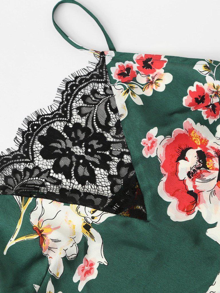 Floral Print Lace Insert Cami Top And Shorts PJ Set-loungewear-Des Mess