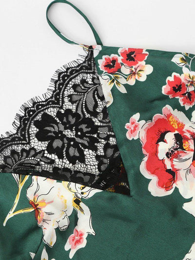 Floral Print Lace Insert Cami Top And Shorts PJ Set-loungewear-Des Mess