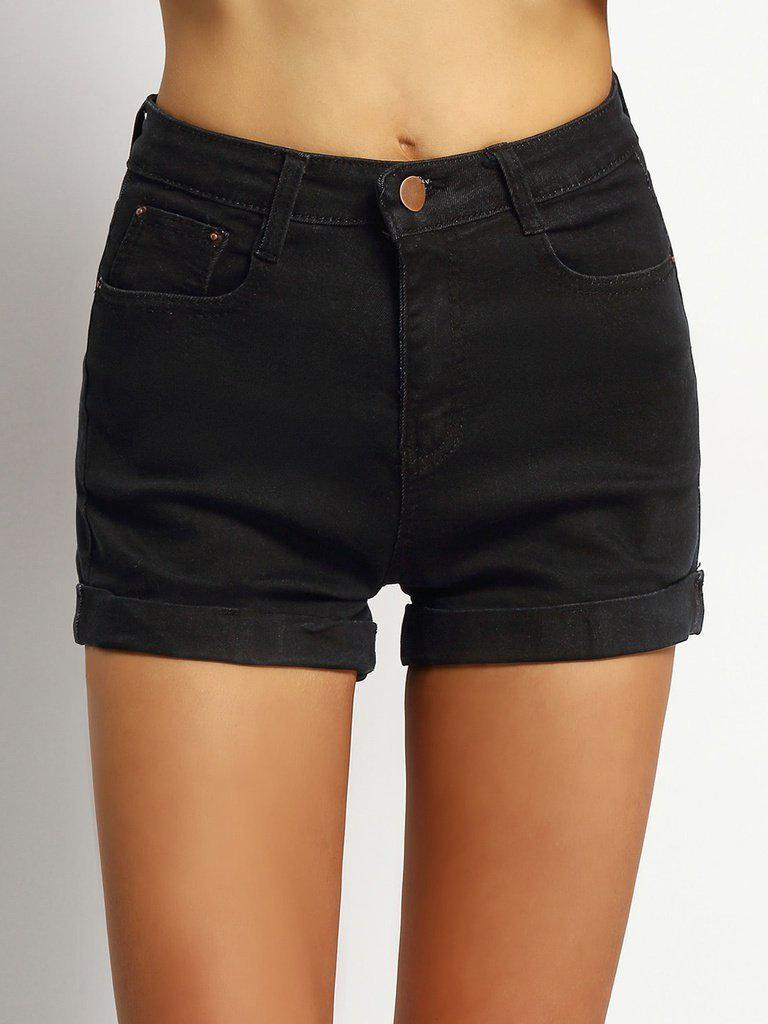 Pockets Rolled Hem Denim Shorts-bottom-Des Mess