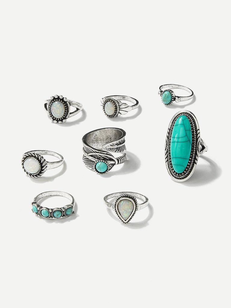 Turquoise Ring Set 8pcs-jewelry-Des Mess