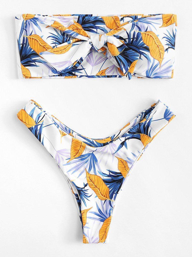 Leaf Print Knot Front Bikini Set-swimwear-Des Mess