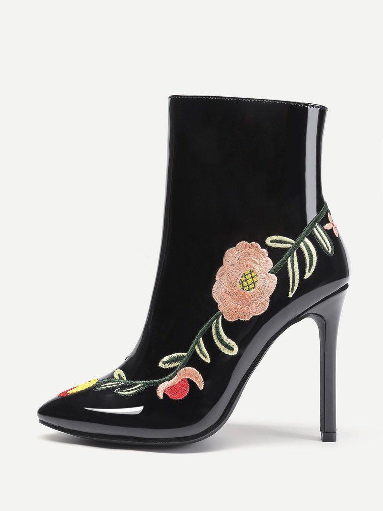 Flowers Embroidery Stiletto Ankle Boots-shoes-Des Mess
