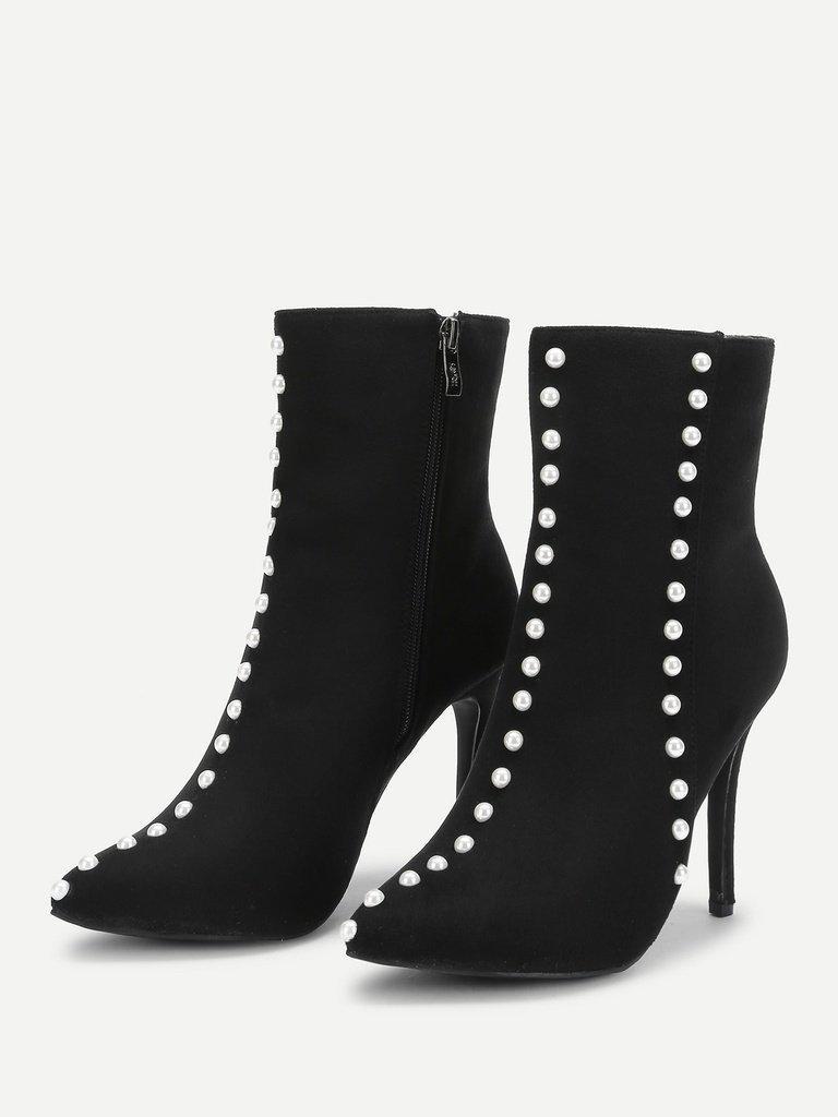 Faux Pearl Decorated Side Zipper Stiletto Boots-shoes-Des Mess