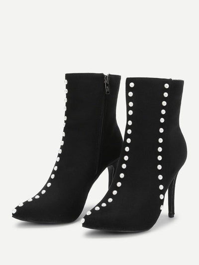 Faux Pearl Decorated Side Zipper Stiletto Boots-shoes-Des Mess