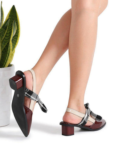 Burgundy Plaid Tie Patent Leather Chunky Heel Pumps-shoes-Des Mess