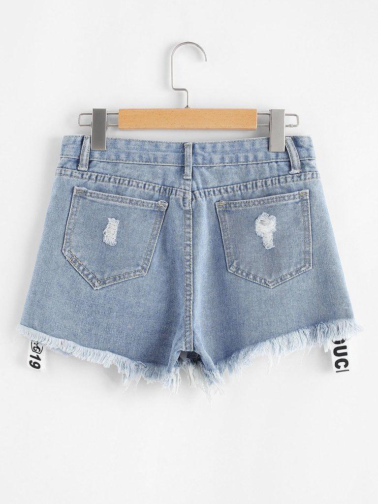 Letter Print Raw Hem Denim Shorts-bottom-Des Mess