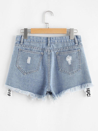 Letter Print Raw Hem Denim Shorts-bottom-Des Mess
