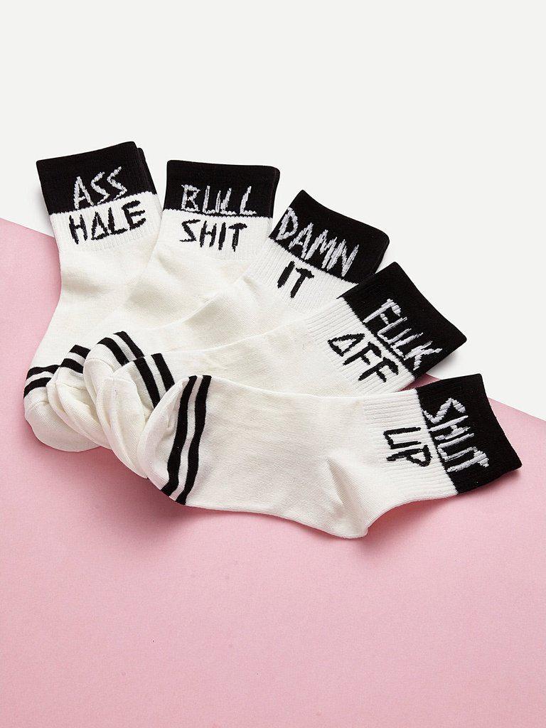 Slogan Print Ankle Socks 5pairs-accessories-Des Mess
