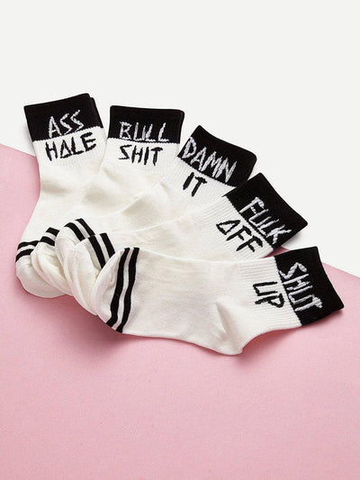 Slogan Print Ankle Socks 5pairs-accessories-Des Mess