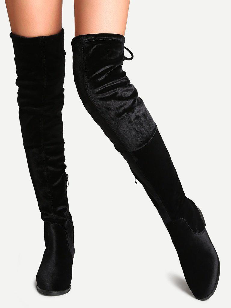 Black Faux Suede Side Zipper Tie Back Over The Knee Boots-shoes-Des Mess