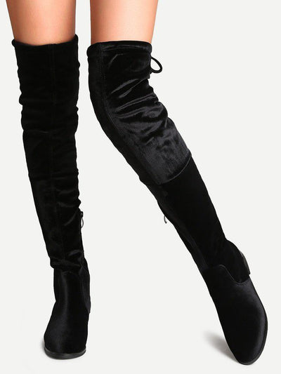 Black Faux Suede Side Zipper Tie Back Over The Knee Boots-shoes-Des Mess