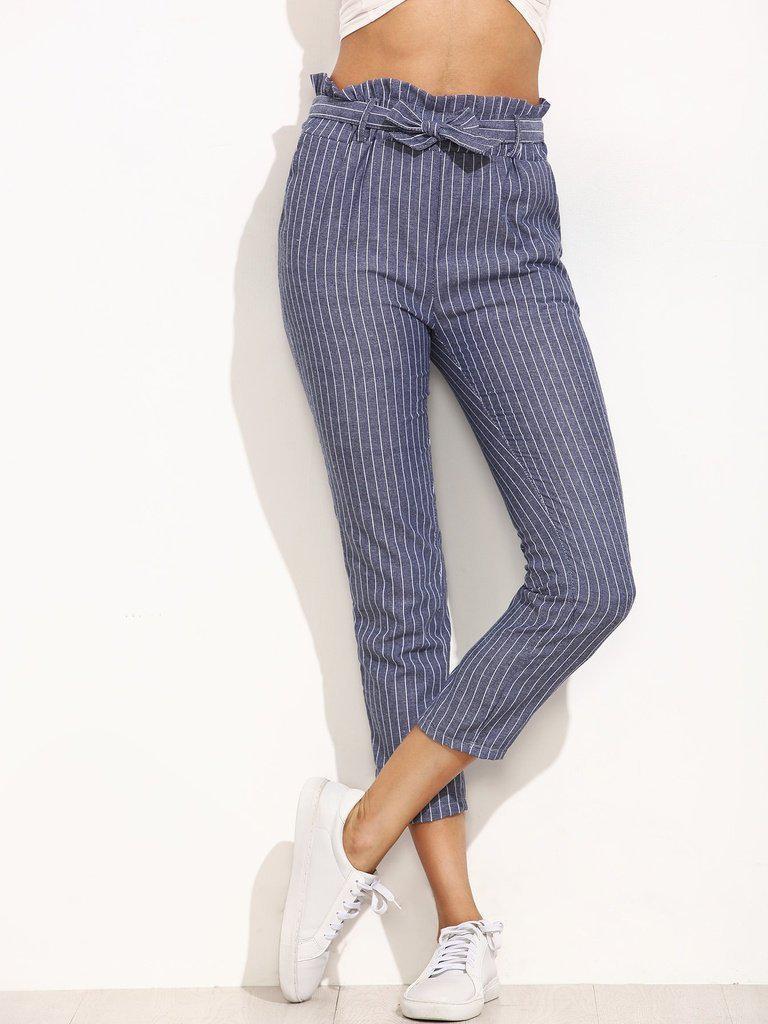 Striped Ruffled Waist Self Tie Pants-bottom-Des Mess