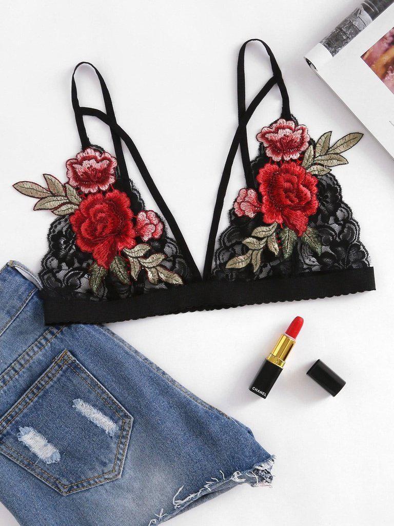 Embroidered Rose Applique Lace Bralette-lingerie-Des Mess