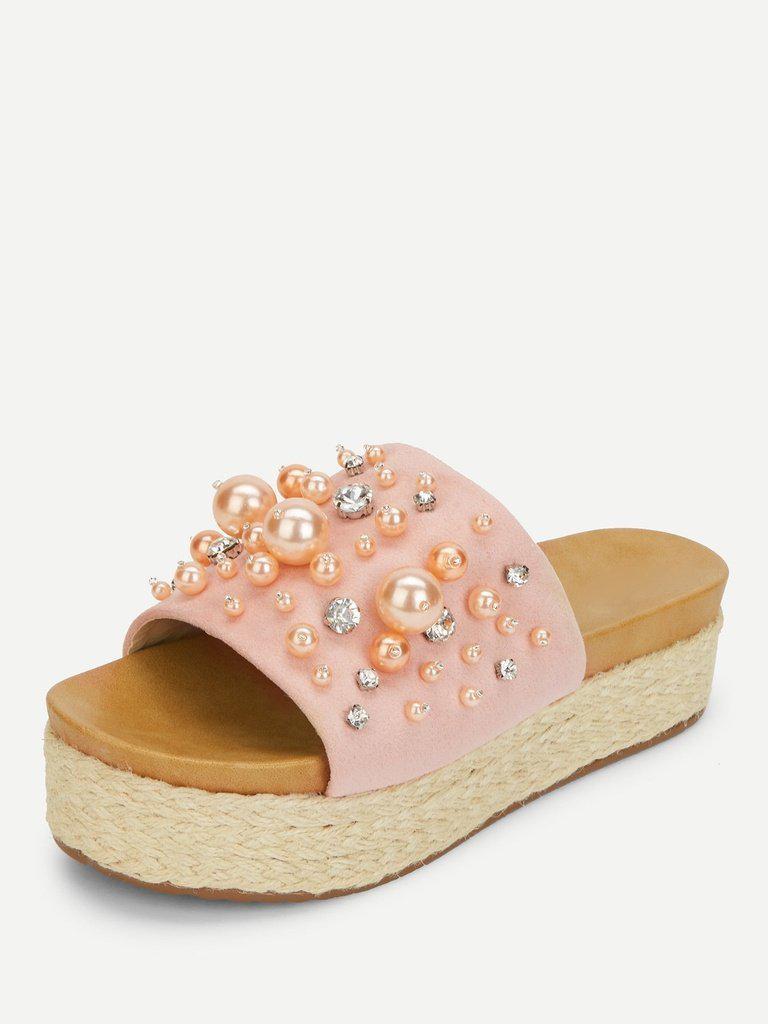 Faux Pearl Decorated Flatform Sandals-shoes-Des Mess