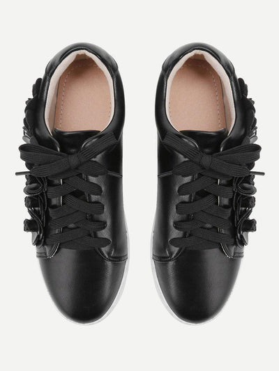 Floral Appliqued Lace Up Sneakers-shoes-Des Mess