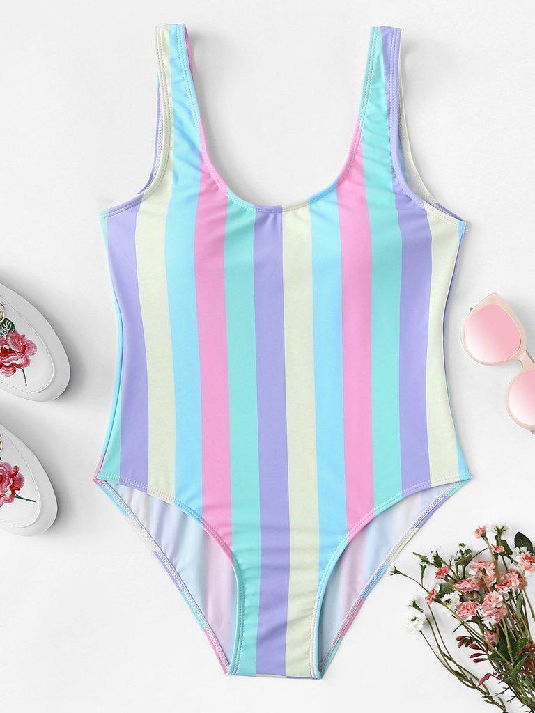 Striped Print Scoop Neck Swimsuit-swimwear-Des Mess