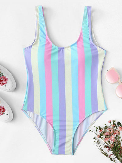 Striped Print Scoop Neck Swimsuit-swimwear-Des Mess