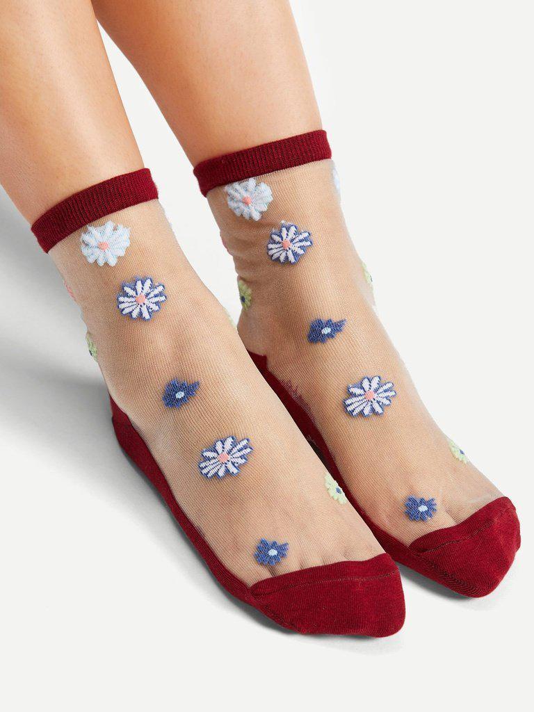 Flower Pattern Clear Design Ankle Socks 5Pairs-accessories-Des Mess
