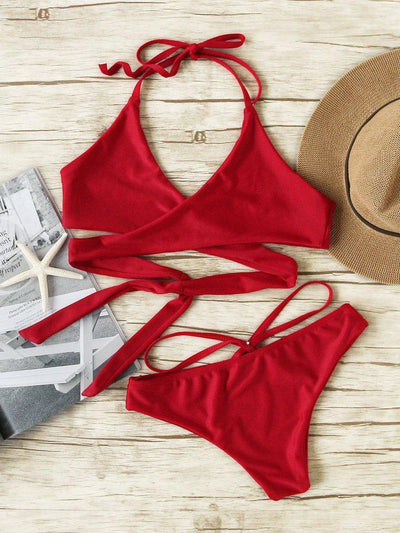 Cross Front Lace-Up Halter Bikini Set--Des Mess