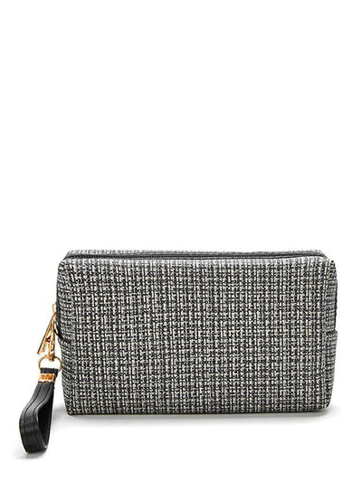 Tweed Zipper Makeup Bag With Wristlet-makeup-Des Mess
