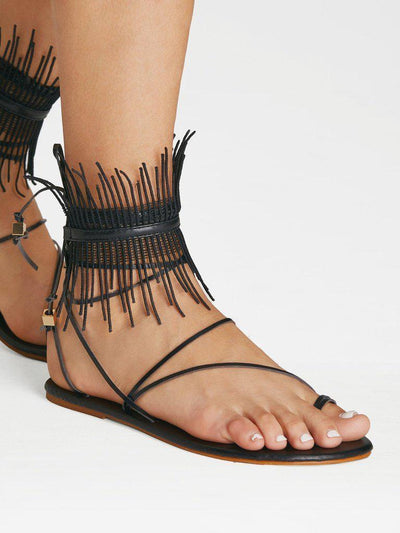 Fringe Detail Lace Up Sandals-shoes-Des Mess
