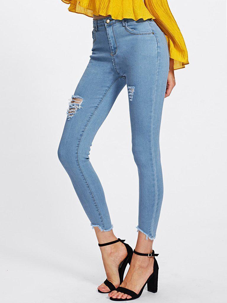 Ripped Frayed Hem Skinny Jeans-bottom-Des Mess