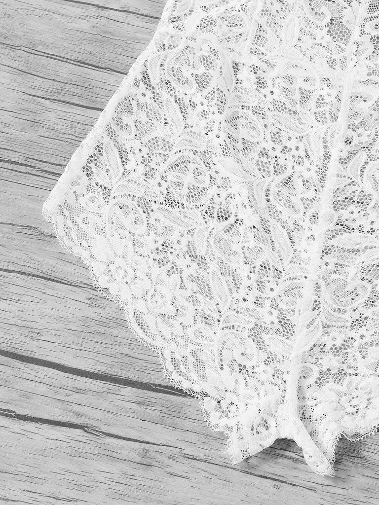 Scalloped Trim Criss Cross Lace Bodysuit-lingerie-Des Mess