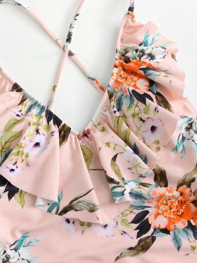 Flounce Neckline Botanical Swimsuit-swimwear-Des Mess