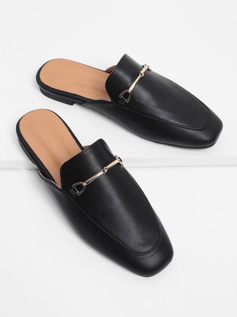 Metal Detail Square Toe PU Flats-shoes-Des Mess