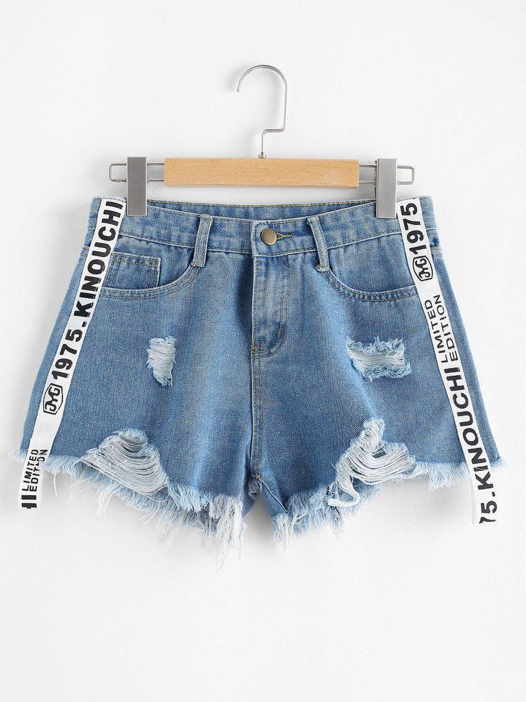 Frayed Hem Ripped Letter Denim Shorts-bottom-Des Mess